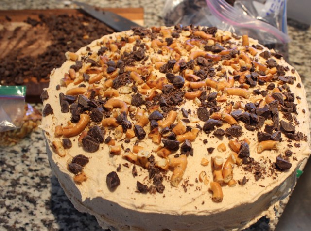 Chocolate Pretzel Peanut Butter Layer Cake | Blue Owl Treats