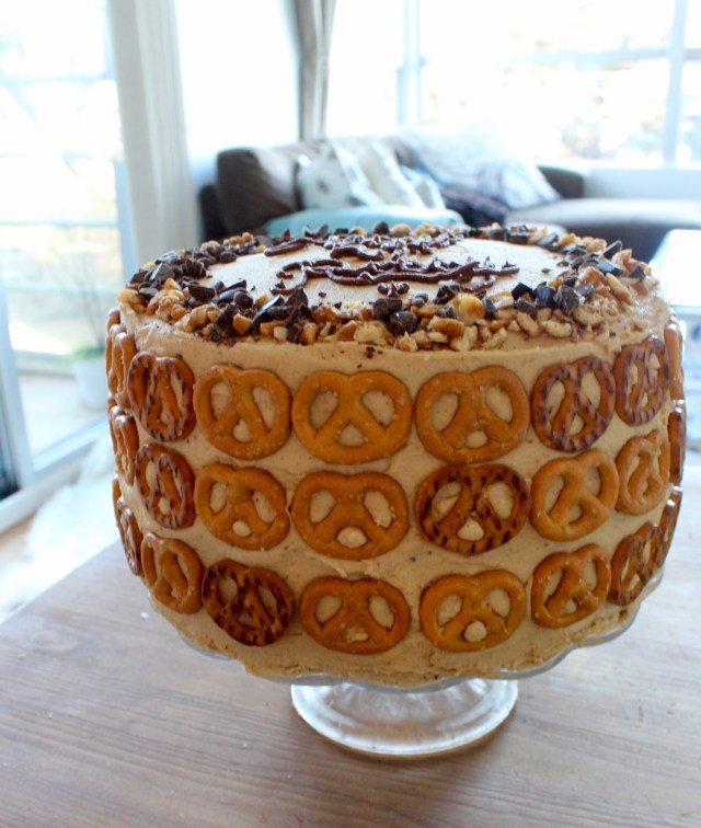 Chocolate Pretzel Peanut Butter Layer Cake | Blue Owl Treats