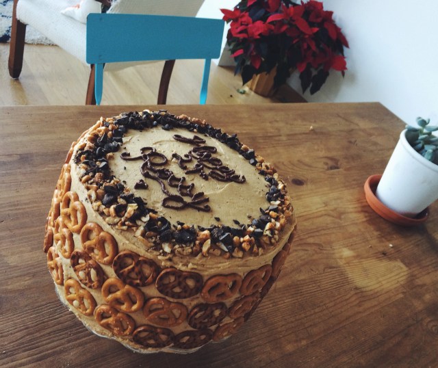 Chocolate Pretzel Peanut Butter Layer Cake | Blue Owl Treats